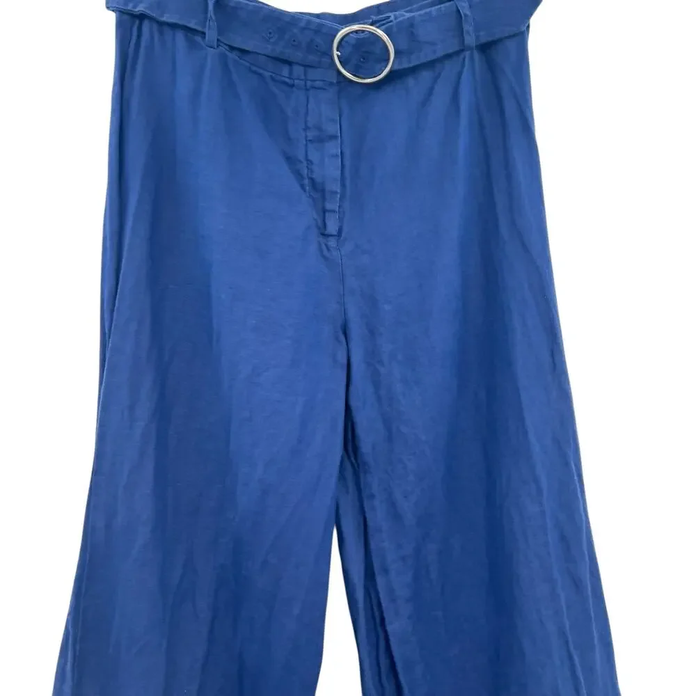 Reformation Ace Linen Pant Wide Leg Trousers Belted Blue‎ Size 8
